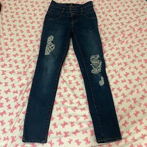 Refuge Dark Blue high Waisted Jeans, Size 0, slightly distressed knee & thigh